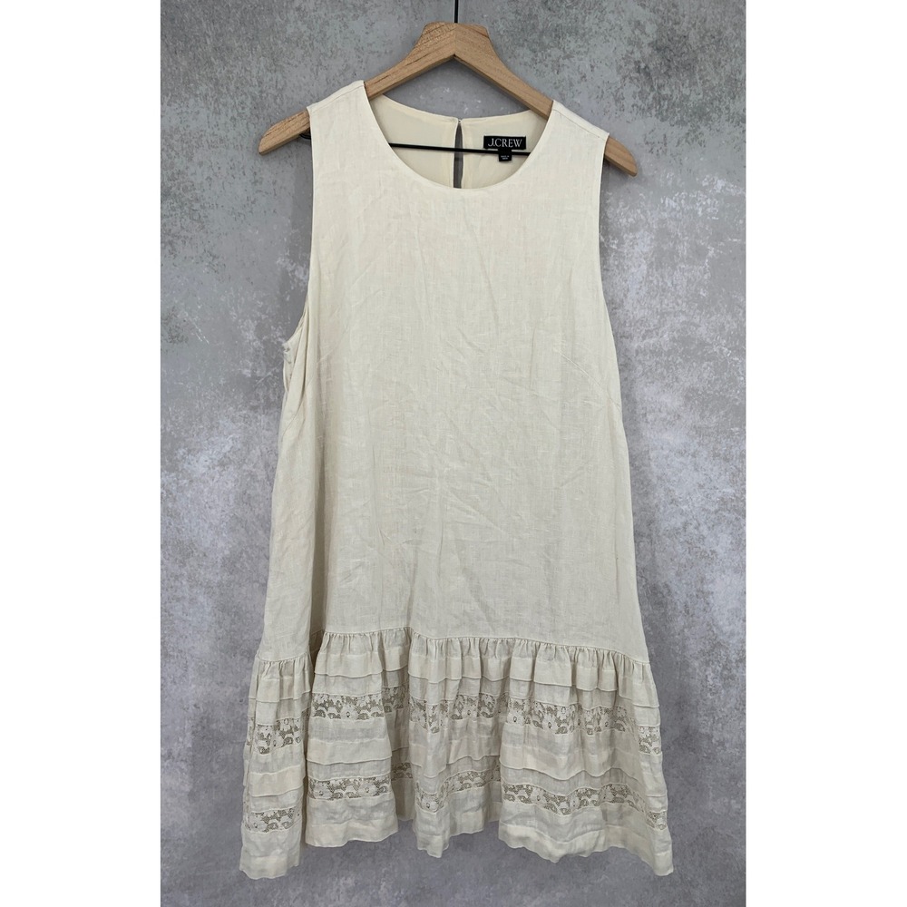 J Crew Dress Women Large Cream Linen Lace Ruffle Hem Sleeveless Boho Preppy
